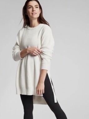 ATHLETA West End Tunic Sweater Cream Beige Cotton Knit Slit Sides Size Medium